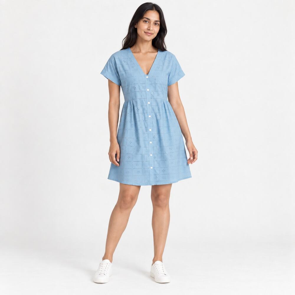 Madewell Dress WMNS XS Blue Eyelet V Neck Button Front Mini Cotton Coastal Chic